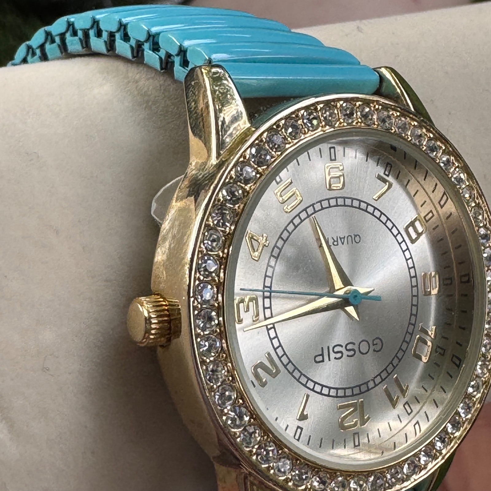 New Gossip Gold Rhinestone Bezel Silver Dial Turquoise Band Womens Watch